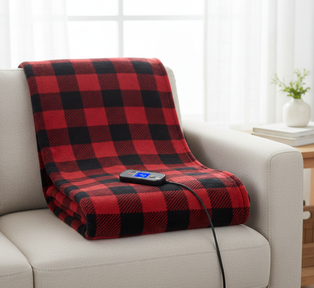 Heated Throw Blanket with Flannel Checkered Surface