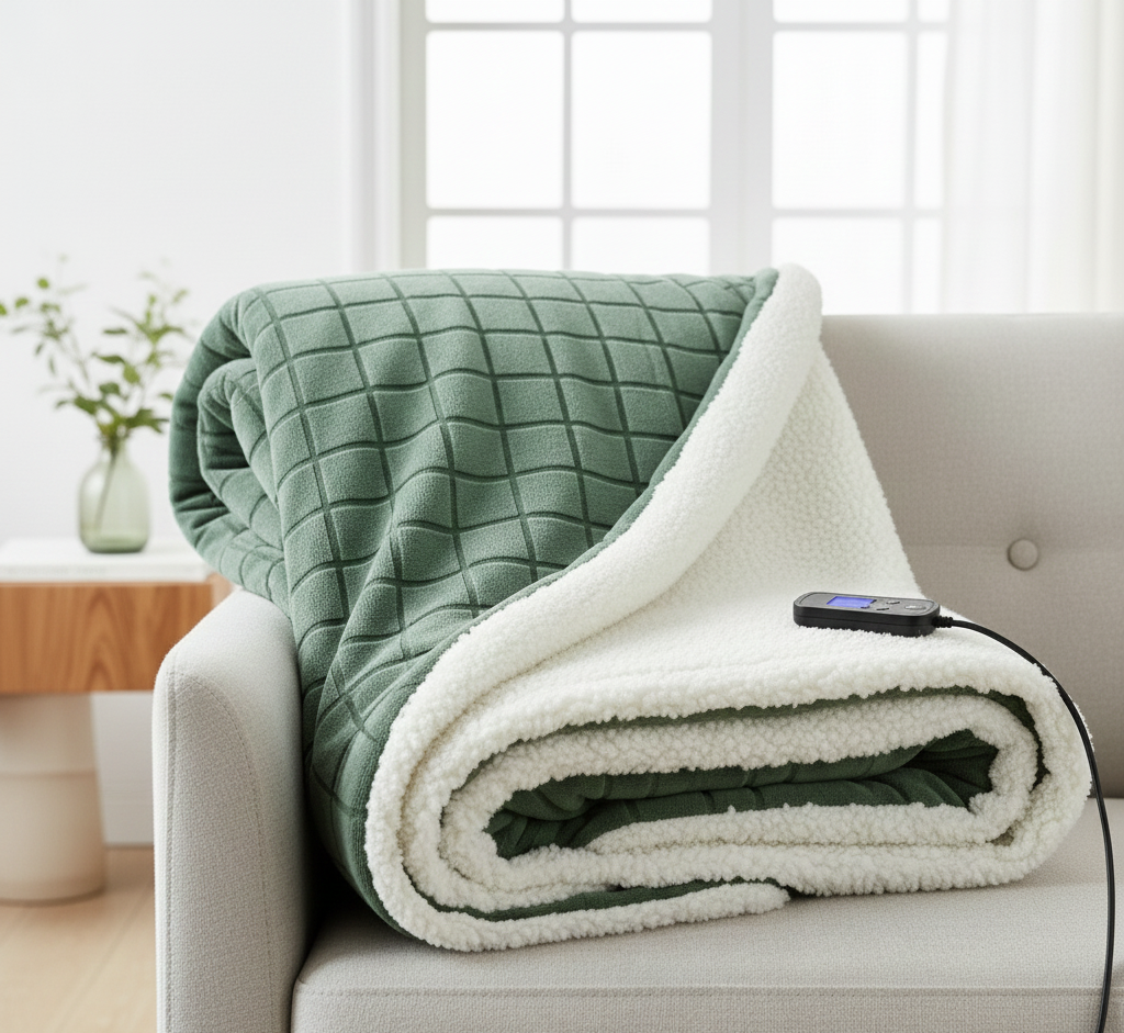 Heated Throw Blanket with Grid Texture and Sherpa Lining