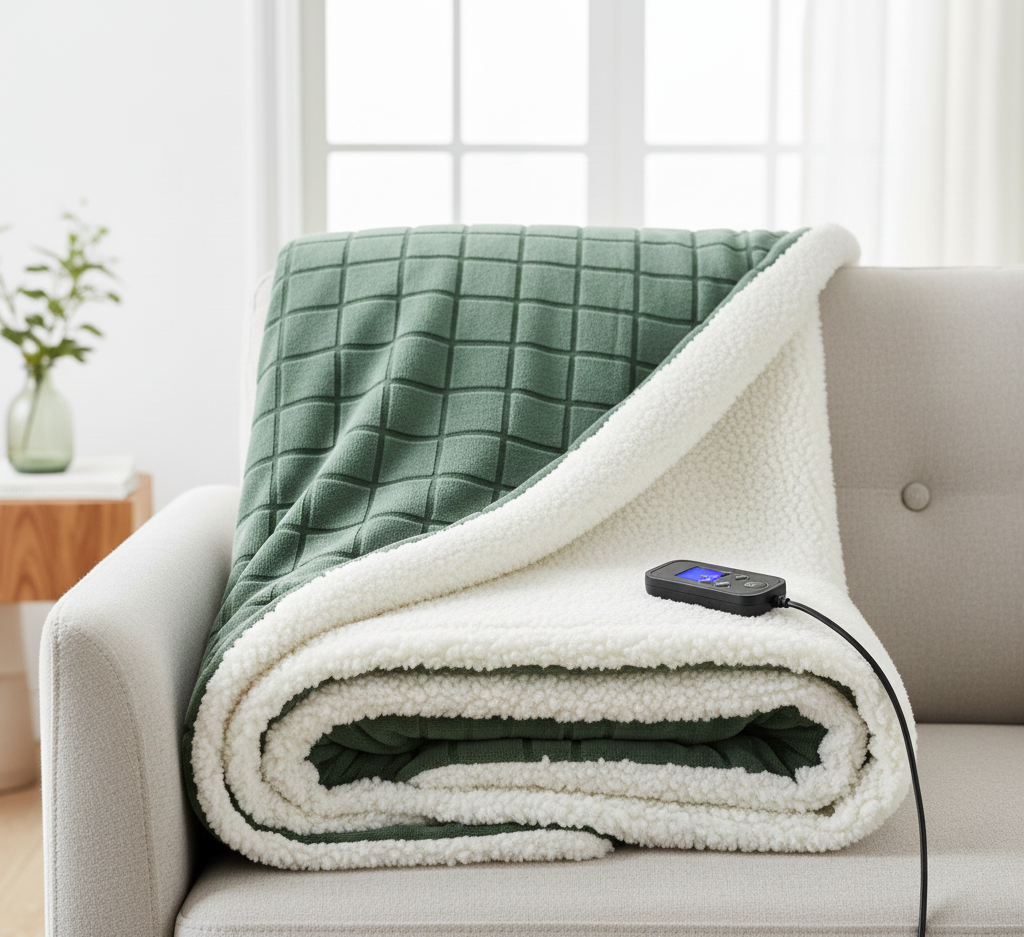 Heated Throw Blanket with Grid Texture and Sherpa Lining