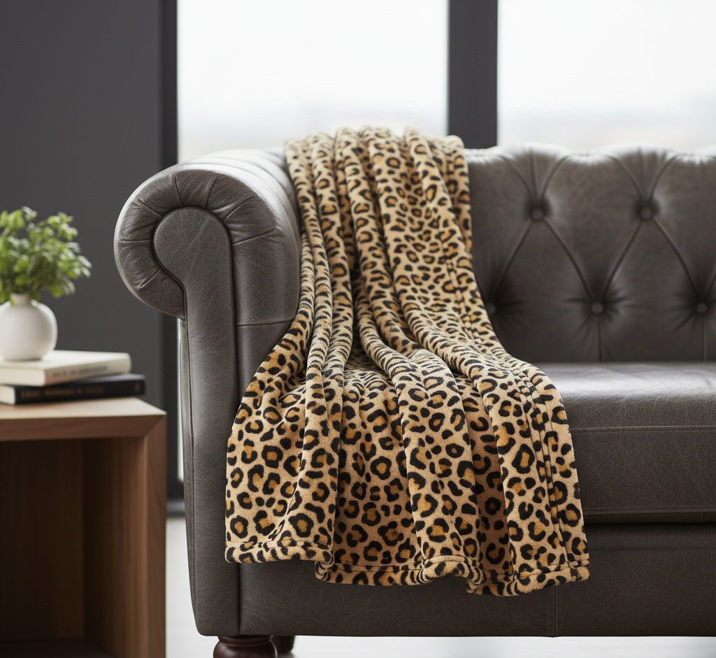 Throw Blanket with Fleece-Style Leopard Pattern