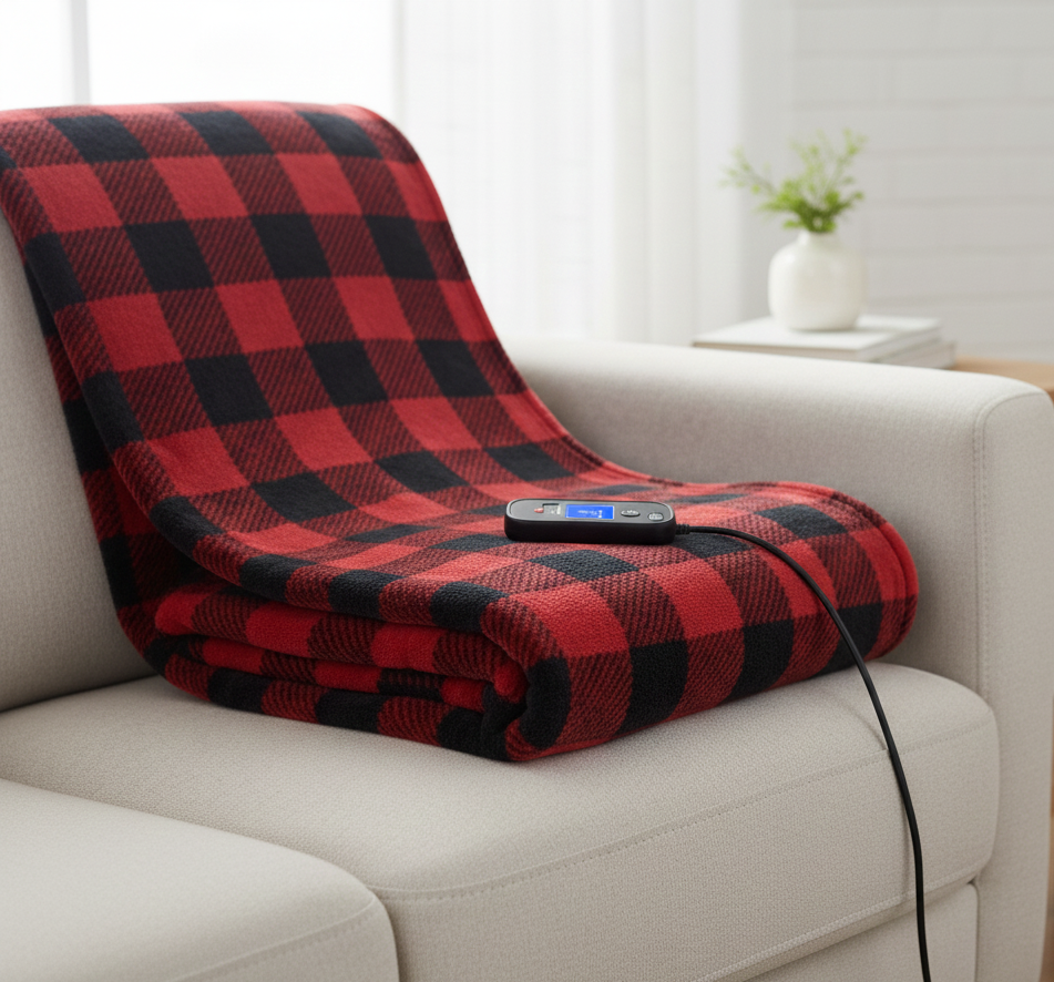 Heated Throw Blanket with Flannel Checkered Surface