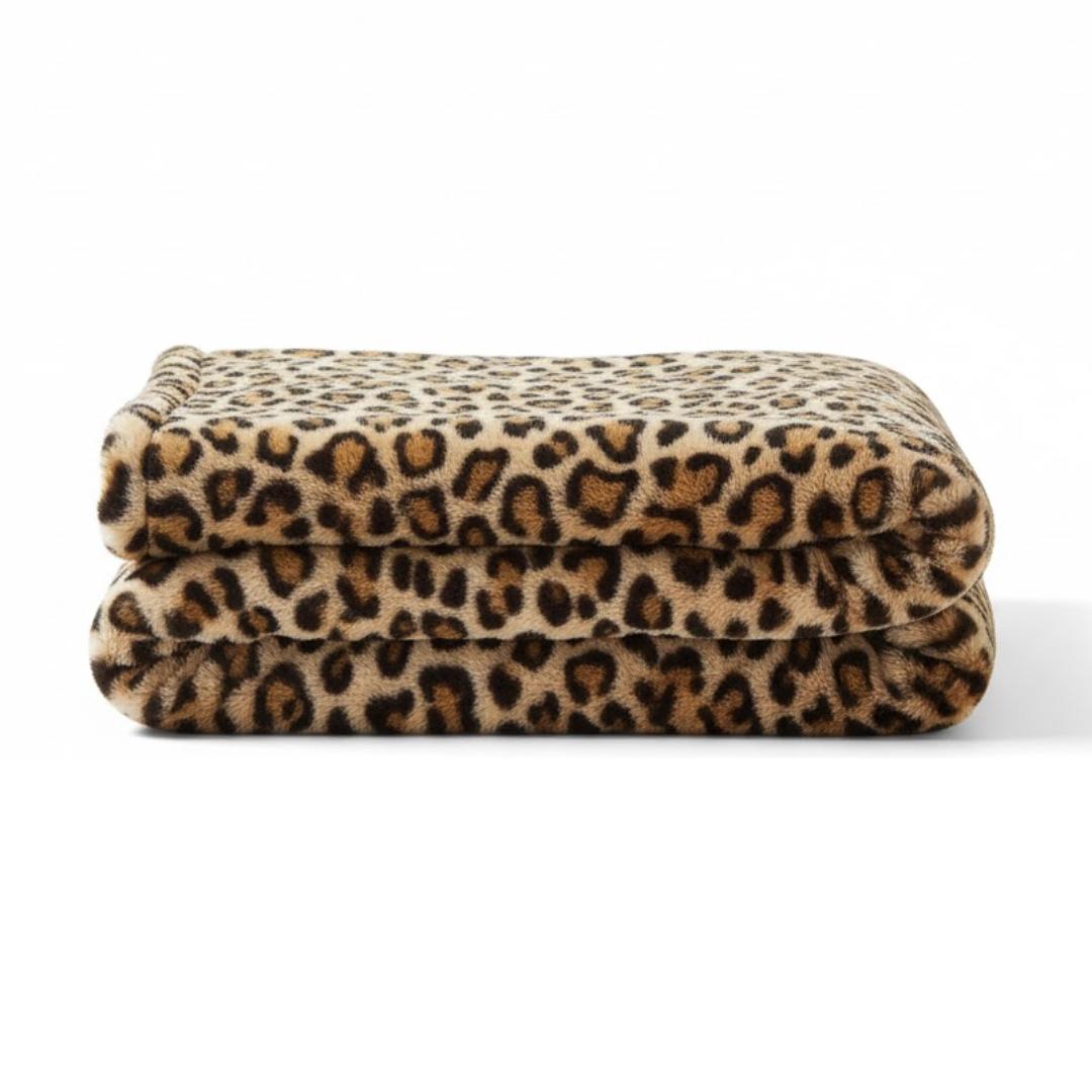 Throw Blanket with Fleece-Style Leopard Pattern